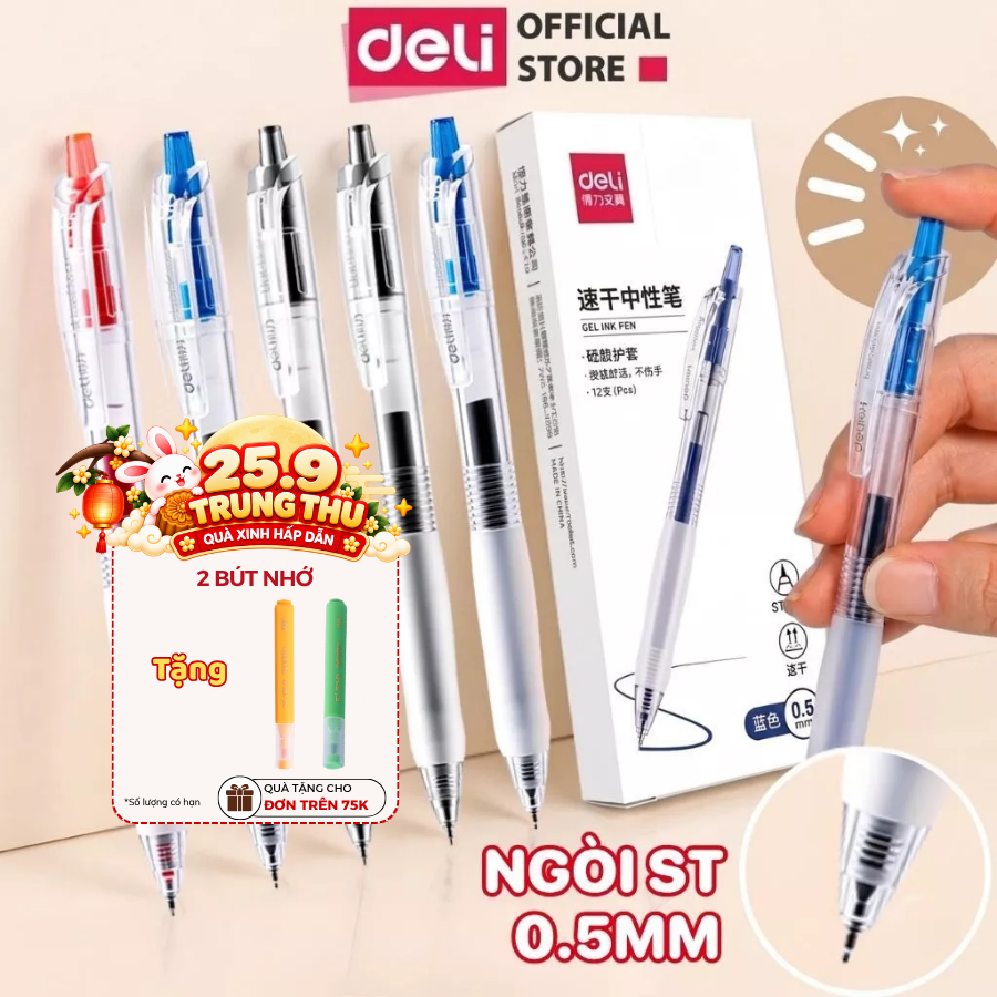 Combo 3/5/12 Bút Gel Bấm Deli SA60 Ngòi ST 0.5mm Nhanh Khô Mực Xanh, Đỏ, Đen Chống Nhòe Đệm Tay Êm