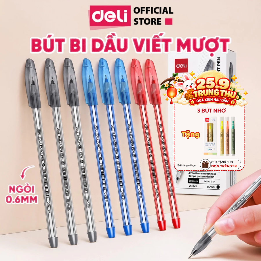 Combo 5/10/20 Bút Bi Dầu Deli Ngòi 0.6mm Bút Bi Nến Q560 EQ560 Mực Xanh Đen Đỏ Đậm Nét Viết Mượt