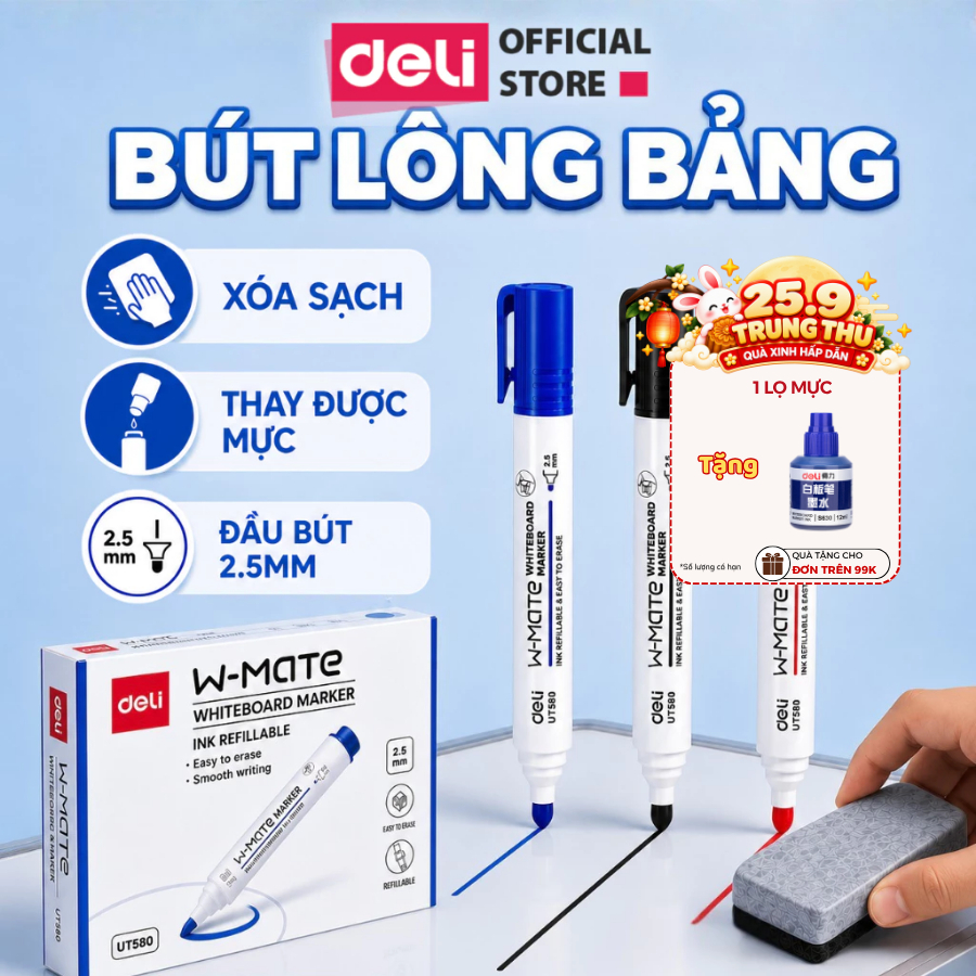 Hộp 12 Bút Lông Bảng Thế Hệ Mới Deli W-Mate Thay Được Mực Xanh Đen Đỏ Ngòi 2.5mm Mực Lau Sạch