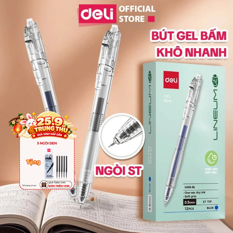 [TRỢ GIÁ EG08S] Hộp 12 Bút Gel Bấm EG08S Deli Ngòi ST 0.5mm Nhanh Khô Mực Xanh Đen Đỏ Đều Mực Có Đệm Tay