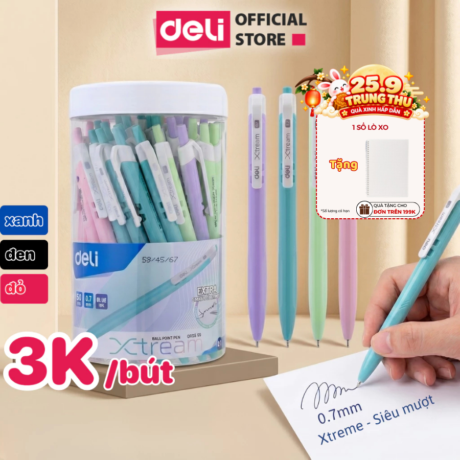 Hộp 50 Bút Bi Bấm Deli Mực Xanh Đen Đỏ Ngòi 0.7mm Viết Đều Trơn Tru Thân Pastel Học Sinh