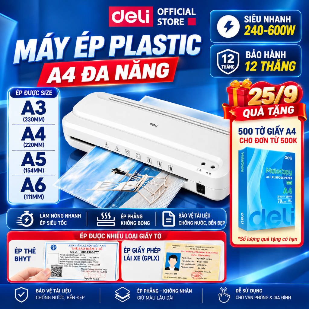 [🔥TẶNG GIẤY A4] Máy Ép Plastic Chính Hãng DELI - Máy Ép Nhiệt, Cán Màng Ảnh Công Suất Cao  An Toàn Dễ Sử Dụng