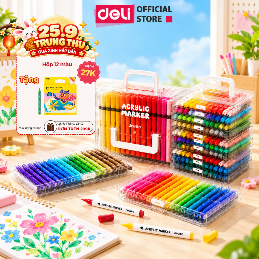 [🔥TRỢ GIÁ] Bút Sơn Acrylic Marker Deli Dạng Roller 24/36/48/60/84 Màu Acrylic Marker An Toàn Màu Vẽ Mọi Chất Liệu