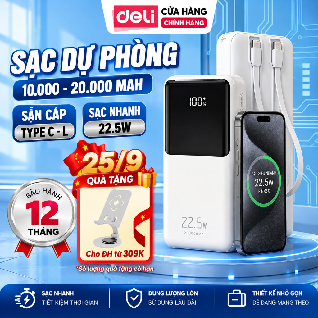Pin Sạc Dự Phòng Deli 10000mAh 20000mAh Powerbank 22.3W TypeC USB Sạc nhanh Powerbank cho iphone samsung vivo oppo