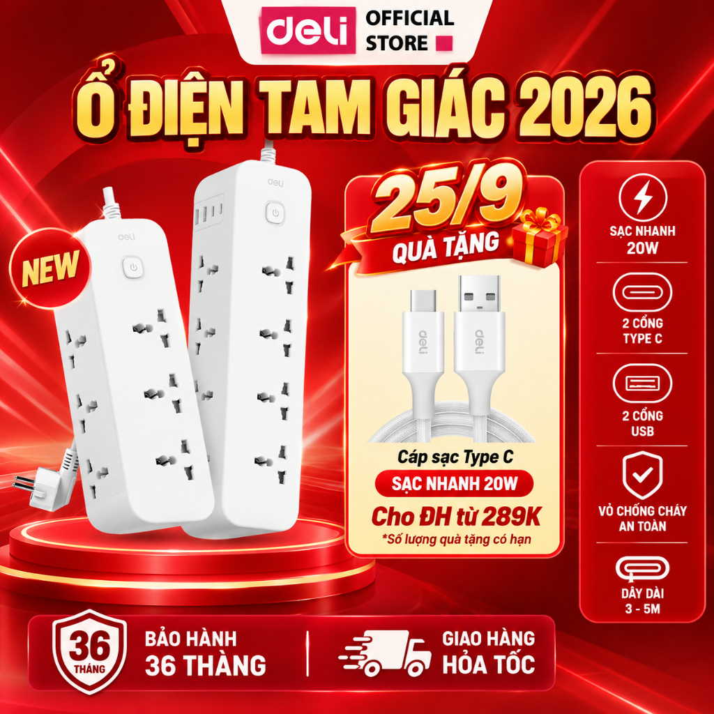 [Hỏa Tốc] Ổ Cắm Điện Tam Giác DELI 2026 Chịu Tải 2500W Ổ Đa Năng Dây Dài 3-5m Cổng USB Chống Cháy Chống Giật