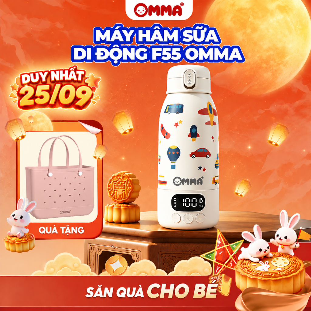 Bình Đun Pha Sữa Di Động Omma F55 Không Dây – Hâm Nước Pha Sữa , Điều Chỉnh Nhiệt Độ, Đun Sôi 100°C