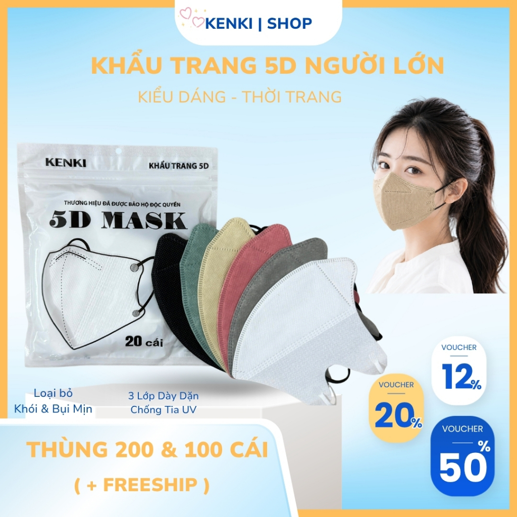 Thùng 200 Cái Khẩu Trang 5D KENKI Chính Hãng dày dặn kháng khuẩn chống tia UV