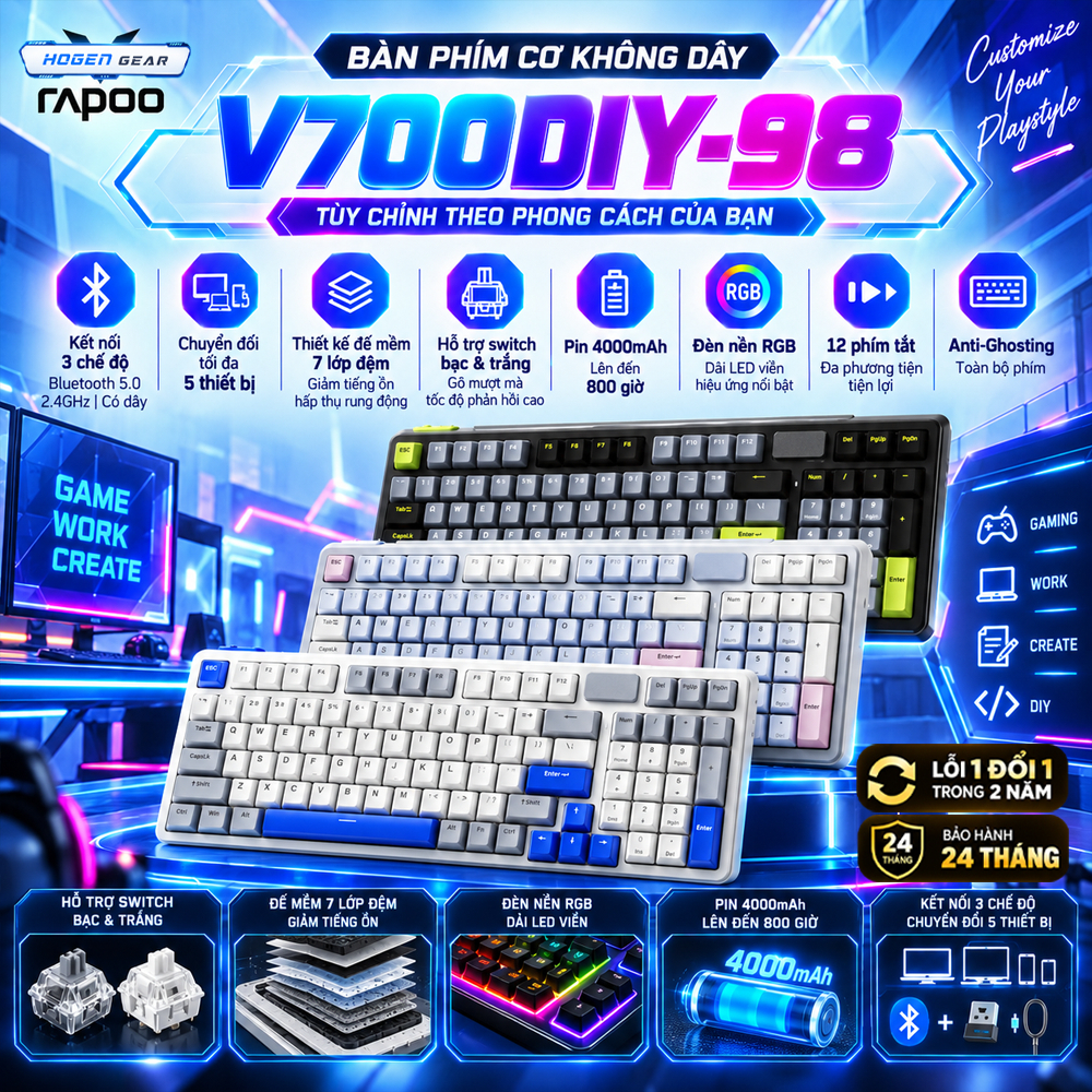 Bàn phím cơ Rapoo V700DIY-98/75 | Kết Nối Không Dây, Có Dây | Pin Sạc 4000mAh (800h) | LED RGB | Bảo Hành 2 Năm