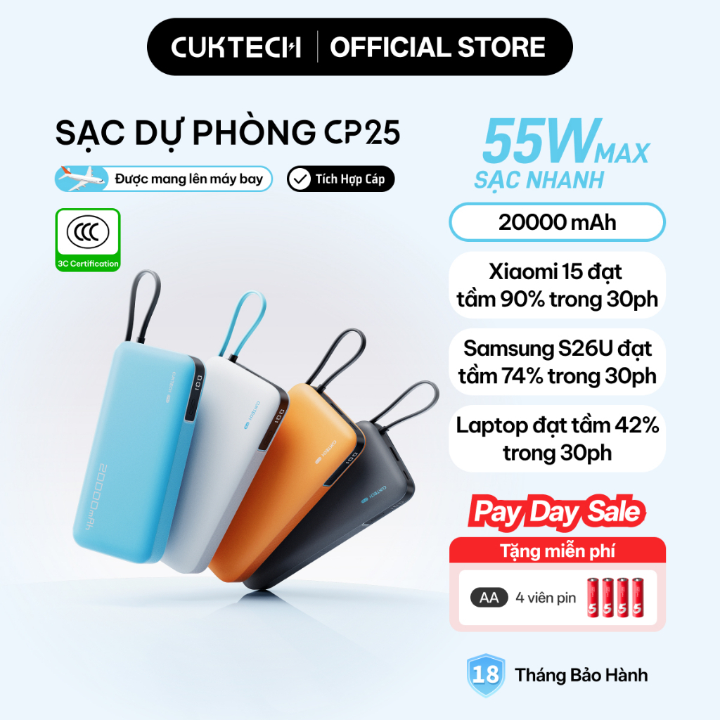 【Được chứng nhận CCC】CUKTECH Sạc Nhanh 55W 20000mAh – Tích Hợp Dây, Hỗ Trợ Xiaomi 55W Samsung 45W Laptop 45W iP 18/17/16