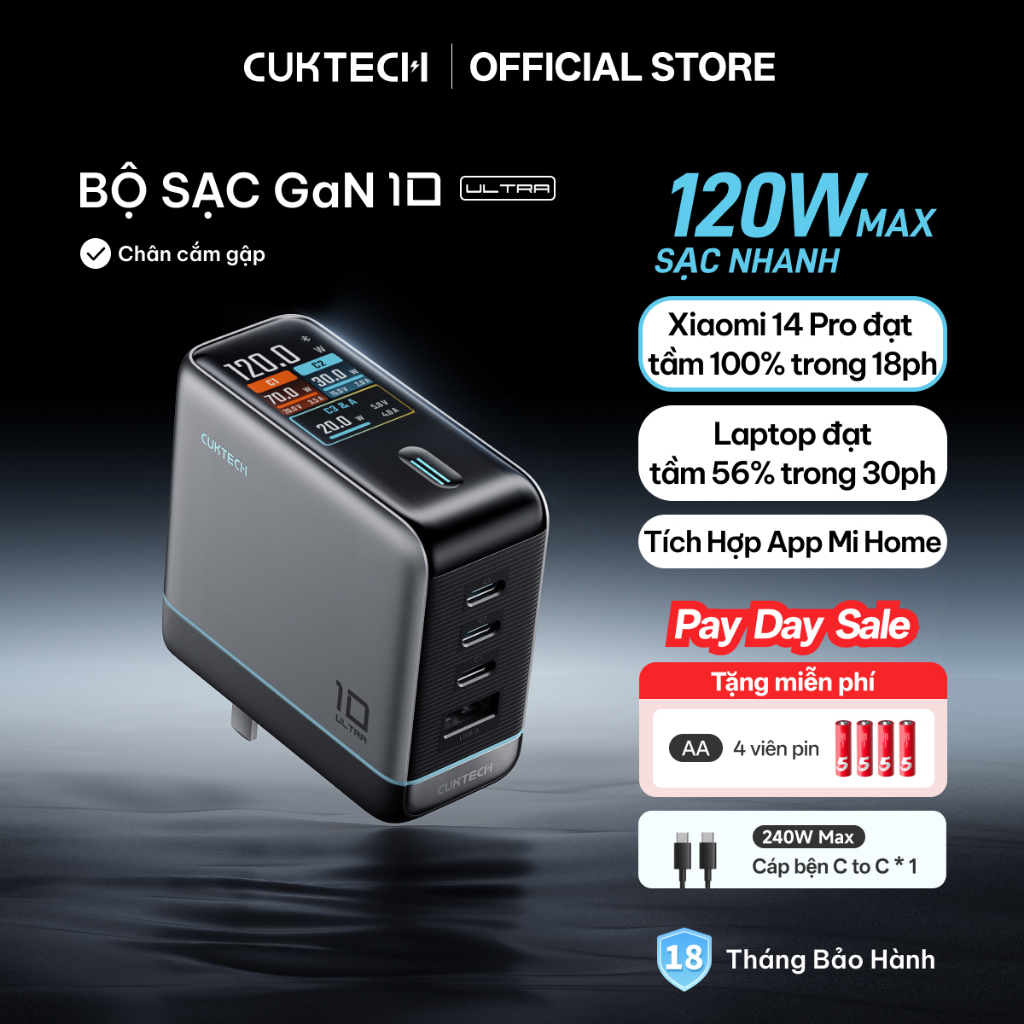 Củ Sạc Nhanh CUKTECH GaN 120W 4 Cổng Điều Khiển App Mi Home Cho Laptop/iP 18/17/16 Pro Max/Xiaomi 17/Samsung S26