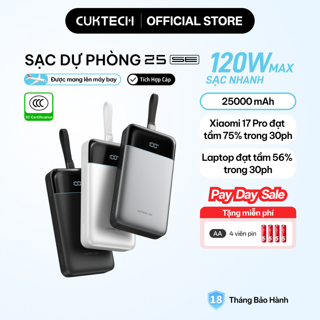 【Được chứng nhận CCC】CUKTECH 120W 25000mAh Sạc Nhanh Công Suất Cao Pin Dự Phòng – Hỗ Trợ Xiaomi 120W Laptop 100W——25 SE