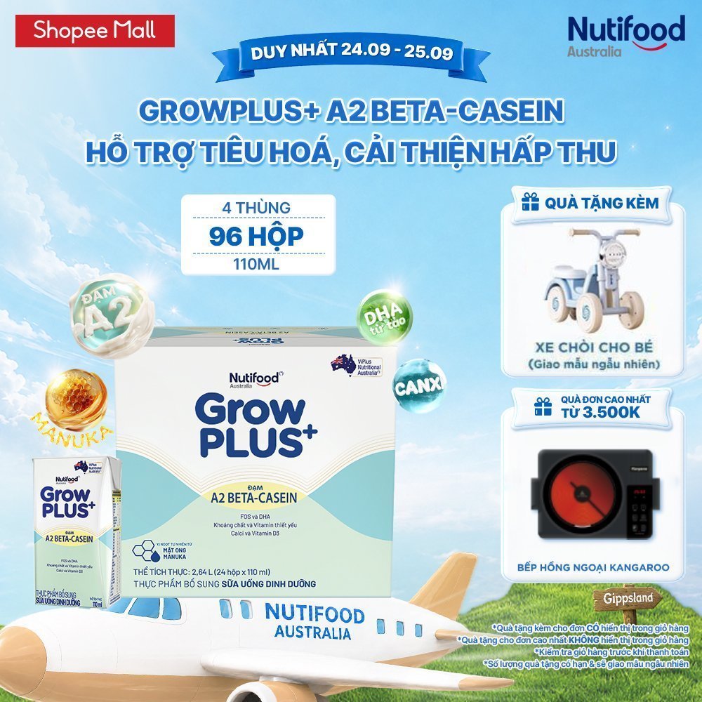 Combo 4 x Thùng 24 hộp Sữa bột pha sẵn GrowPLUS+ Đạm A2 Beta-Casein Hộp 110ml hỗ trợ tiêu hóa, hấp thu dưỡng chất