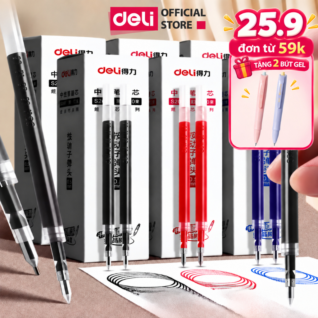 [🔥25.9 TẶNG BÚT GEL] Combo 5 Ruột bút gel Deli 0.5mm dùng cho bút bi nước A575 lâu hết mực không gai khi viết mực trơn