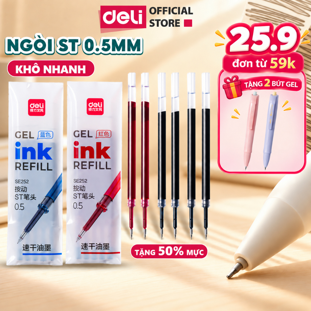 [🔥25.9 TẶNG BÚT GEL] Set 5/10/20 Ruột Bút ST Mực Xanh/Đỏ/Đen Cho Bút Gel Deli - Ngòi ST Nhanh Khô 0.5mm, Viết Được 600m