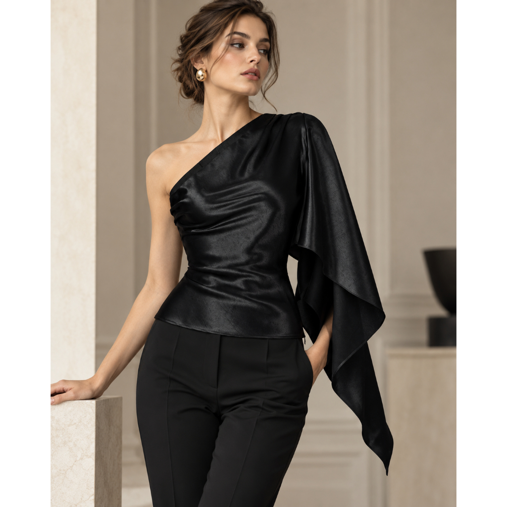 Áo Lệch Vai Nữ Tay Tulip Lụa Valentino, Áo Kiểu Tay Rủ Tôn Dáng Sang Trọng Đi Tiệc
