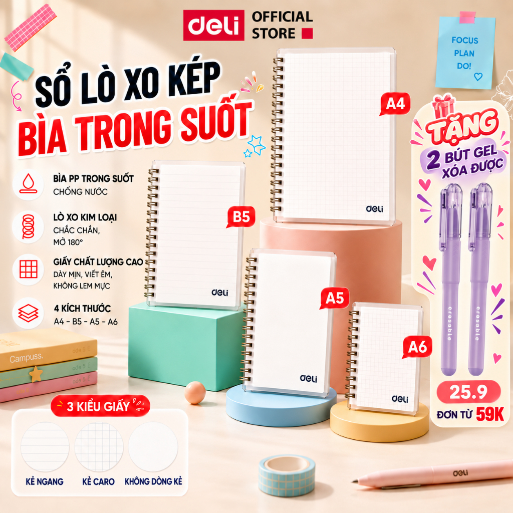 [🔥9K - TẶNG BÚT GEL] Sổ lò xo bìa trong 160 Trang A5/B5/A4 Deli - Sổ tay giấy kẻ ngang, kẻ caro, trơn chống lóa, ghi c
