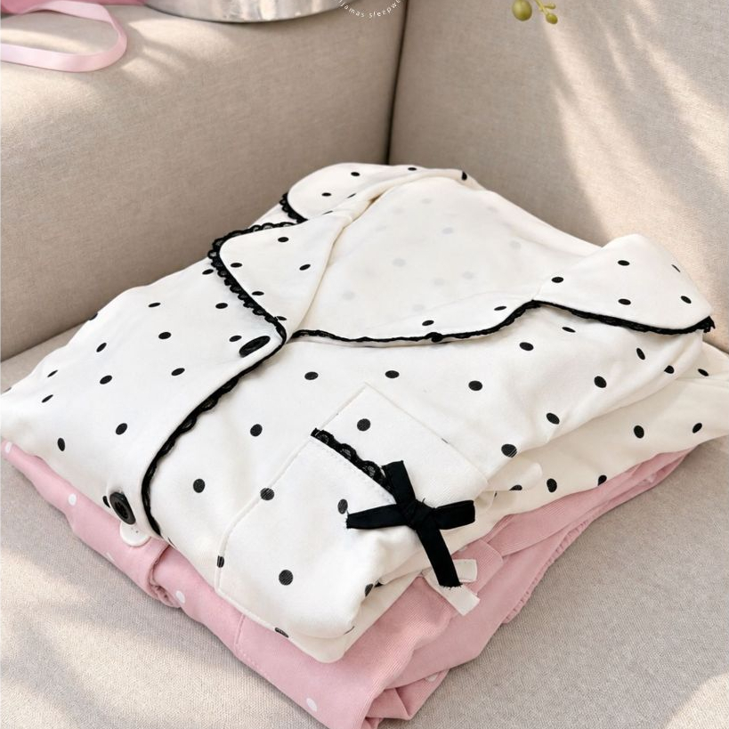 Bộ mặc nhà Pyjama chất COTTON thun mềm TEA tay dài quần dài chấm bi