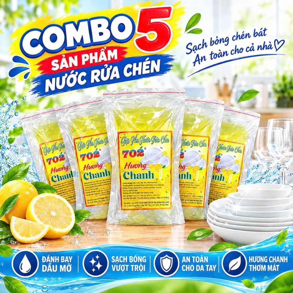 702 Combo 5 Set Pha Nước Rửa Chén. Tổng 50 Lít