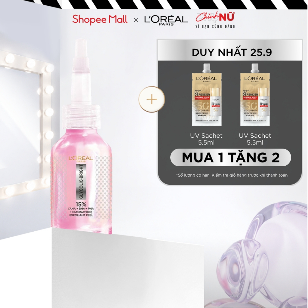 Dưỡng chất làm sạch tế bào da chết Glycolic-bright Anti-dark Spot Exfoliant Peel L’oréal Paris 25ml