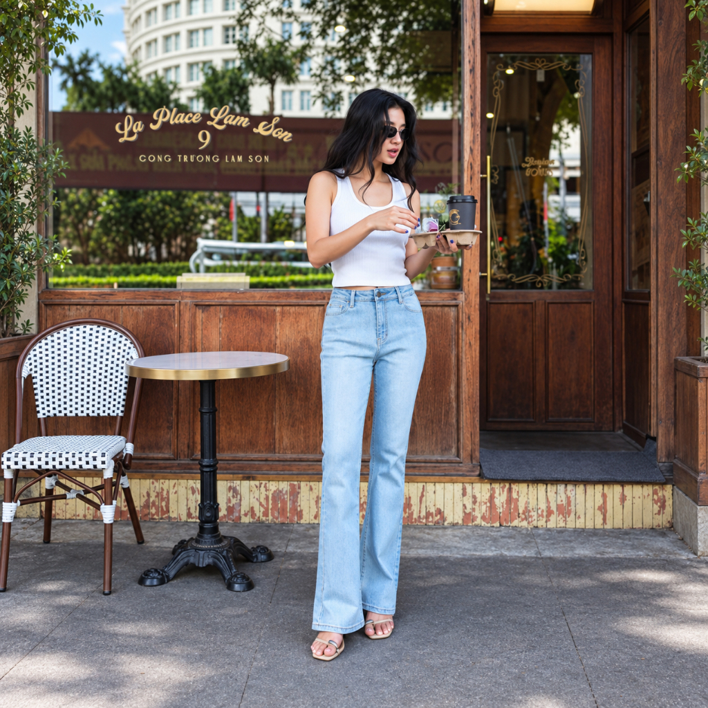 HASHTAGEM - Quần Ống Loe CFJ.6 Co Giãn Nhẹ, Màu Xanh Sáng Wash Đùi, Classy Flare Jeans Piscina Blue