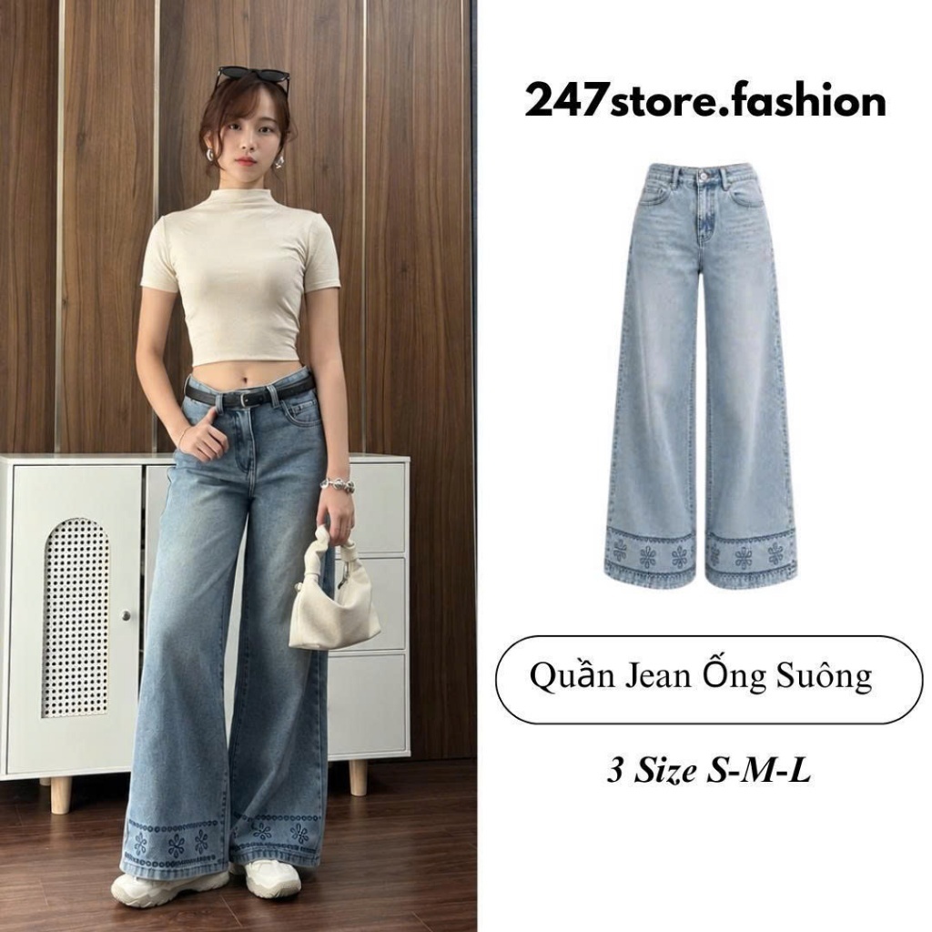 Quần jeans nữ ống suông ống rộng 247store lưng cao tôn dáng màu xanh retro đi học đi làm đi chơi Back to School