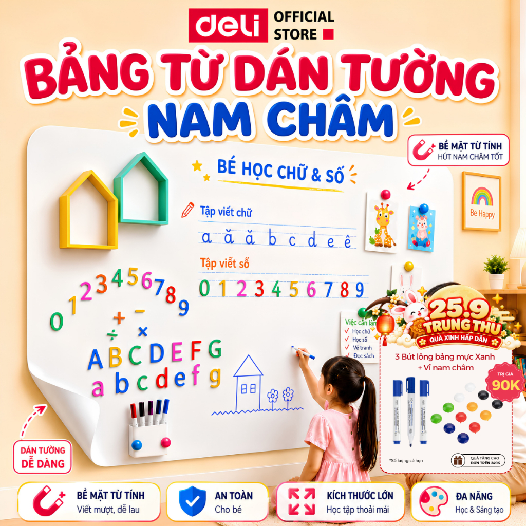 Bảng Từ Trắng Dán Tường Deli - Hút Nam Châm Viết Bút Lông Bảng Dày Dặn Nhiều Kích Thước