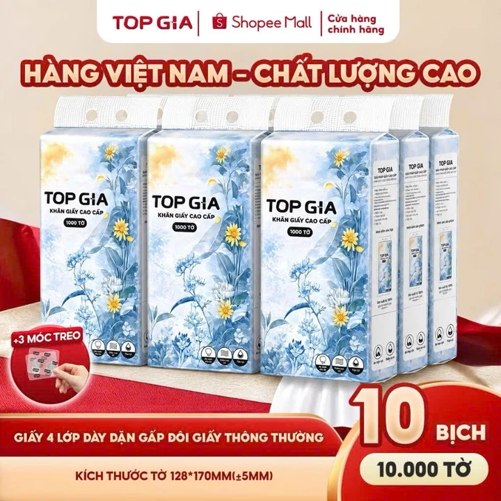 Khăn giấy cao cấp Mộc an Topgia hàng Việt Nam 4 lớp, 1000 tờ tặng 3 móc treo tiện lợi