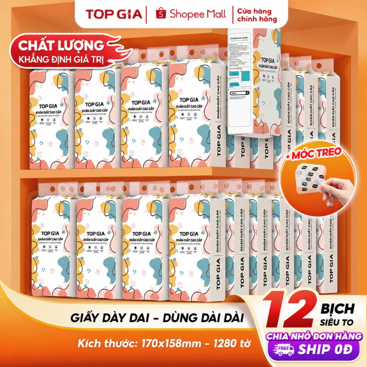 [SIÊU TO, CAO CẤP] Giấy vệ sinh treo tường TopGia thùng 10 12 8 6 bịch đa sắc, combo tiết kiệm 1280 tờ