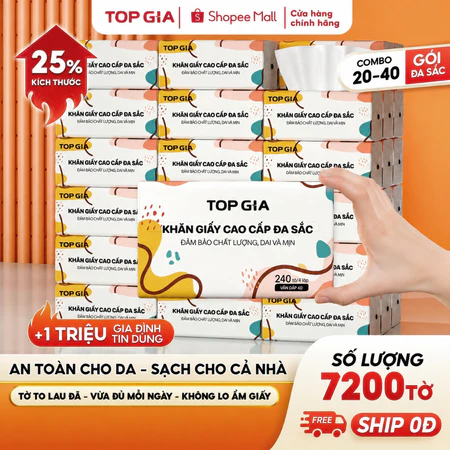 [SIÊU TIẾT KIỆM] Giấy ăn rút Topgia đa sắc cao cấp 240 tờ 4 lớp, dập vân 4D, mềm mịn, thấm hút tốt