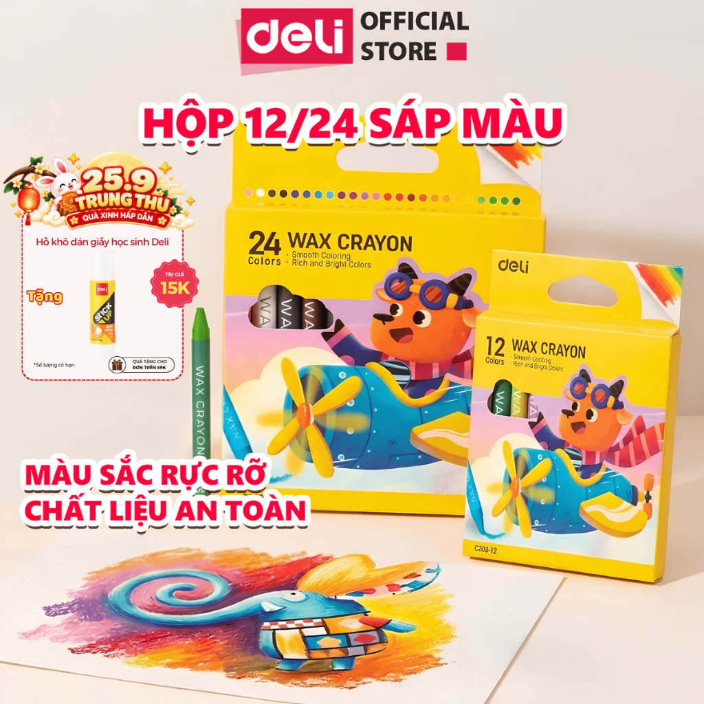 Bút Sáp Màu 12/24 Màu Deli Sáp Màu An Toàn Màu Sắc Rực Rỡ Tươi Sáng Tập Vẽ Tranh Tô Màu