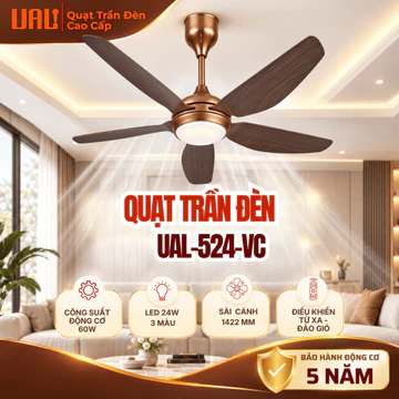 Quạt Trần Đèn UAL Vàng Cát ABS 5 Cánh 1422mm Có Điều Khiển Từ Xa Đảo Chiều, Quạt Trần Trang Trí Phòng Khách Chung Cư Siê