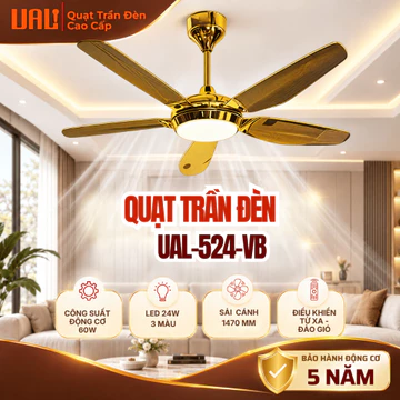Quạt Trần Đèn UAL Vàng Bóng 5 Cánh 1470mm Có Điều Khiển Từ Xa Đảo Chiều, Quạt Trần Trang Trí Phòng Khách Chung Cư Siêu M