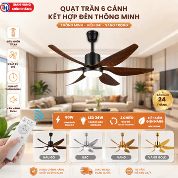 Quạt Đèn Trần Trang Trí 6 Cánh Màu Vân Gỗ Sải Cánh 1m47-1m67 Thích Hợp Phòng Khách,Phòng Ngủ_HK_LIGHTING