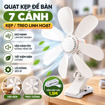 Quạt kẹp để bàn 7 cánh GEARSHOP quạt tránh nóng quạt điện 8W gắn tường nhà bếp không tiếng ồn