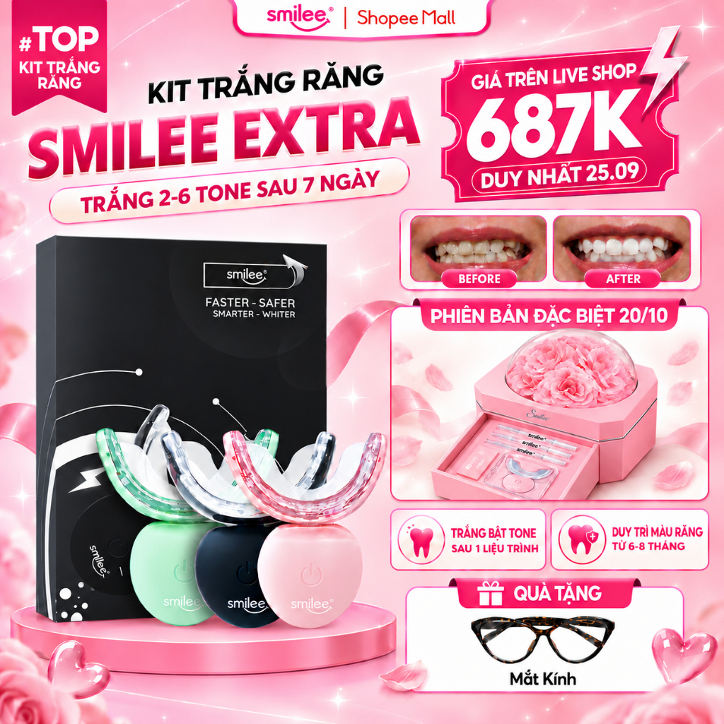 [GIÁ 631K TẠI LIVE SHOP] Trắng răng SMILEE EXTRA, bộ kit làm trắng răng từ 2-6 tone tại nhà, bộ quà tặng cho nữ, LIS
