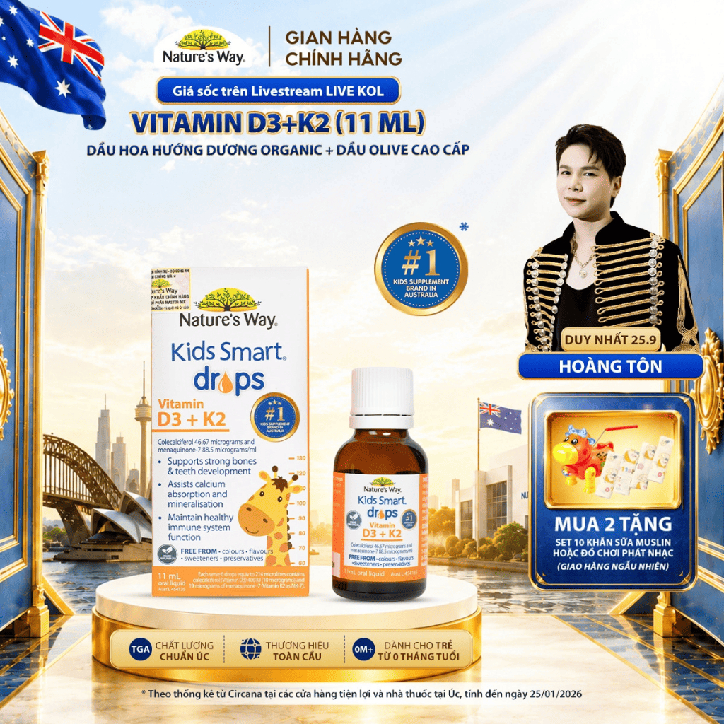 Vitamin D3K2 Nature's Way, Với Dầu Hoa Hướng Dương Organic, Giúp Bổ sung Vitamin D3, K2-MK7 Cho Trẻ Sơ Sinh Hộp 11ml