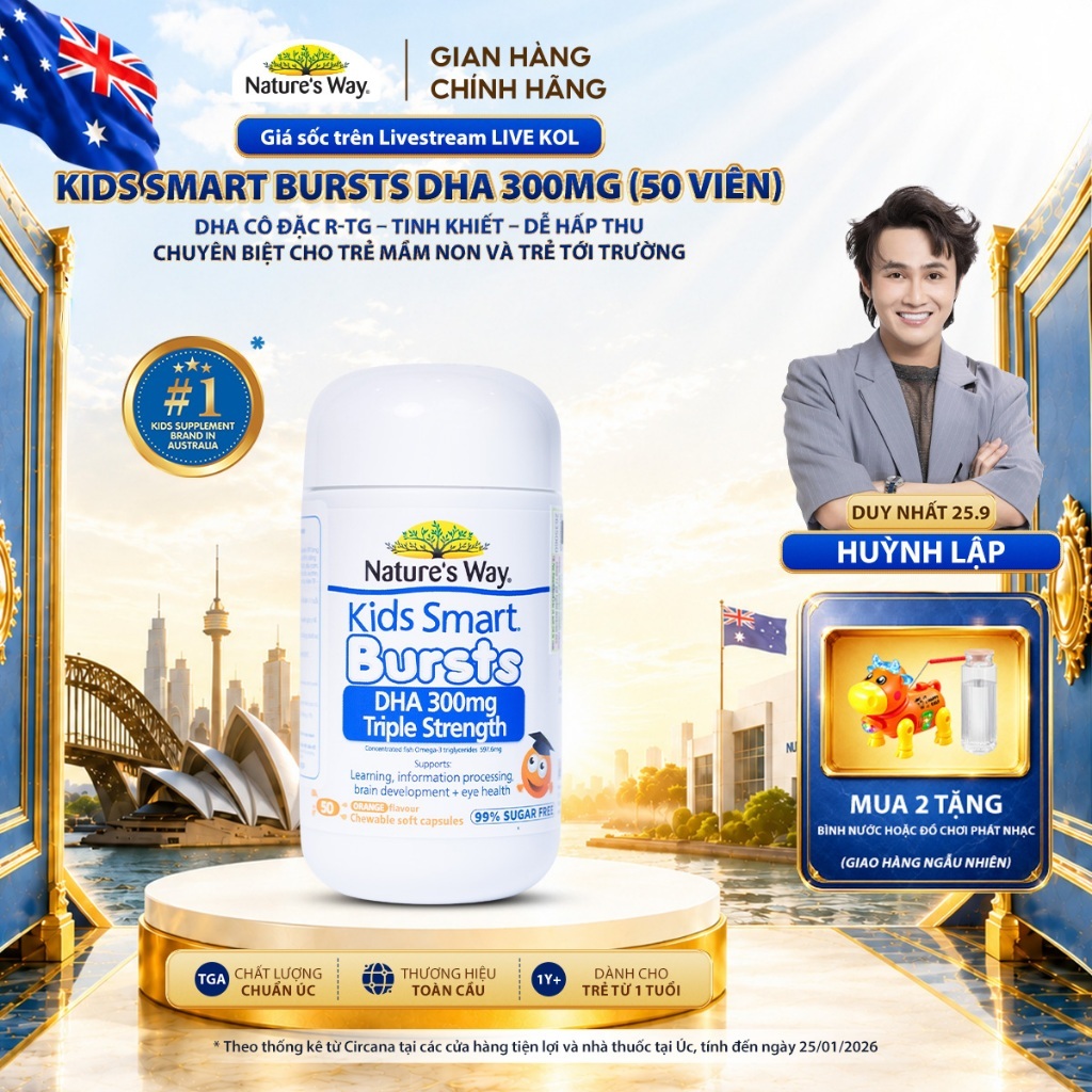 DHA 300mg Nature's Way Kids Smart Triple Strength Bổ Sung DHA Hàm Lượng Cao, Omega 3 RTG Cô Đặc Cho Bé 50 Viên