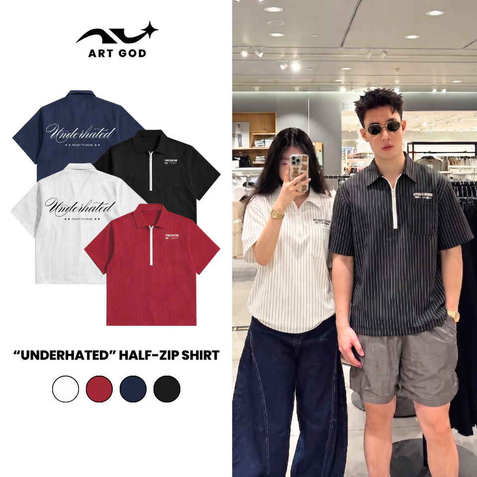 Áo Sơ Mi Boxy Half-zip UNDERHATED Tay Ngắn Cổ Khóa Kéo Vải Tuytsi Kẻ Sọc Unisex ARTGOD HMA108
