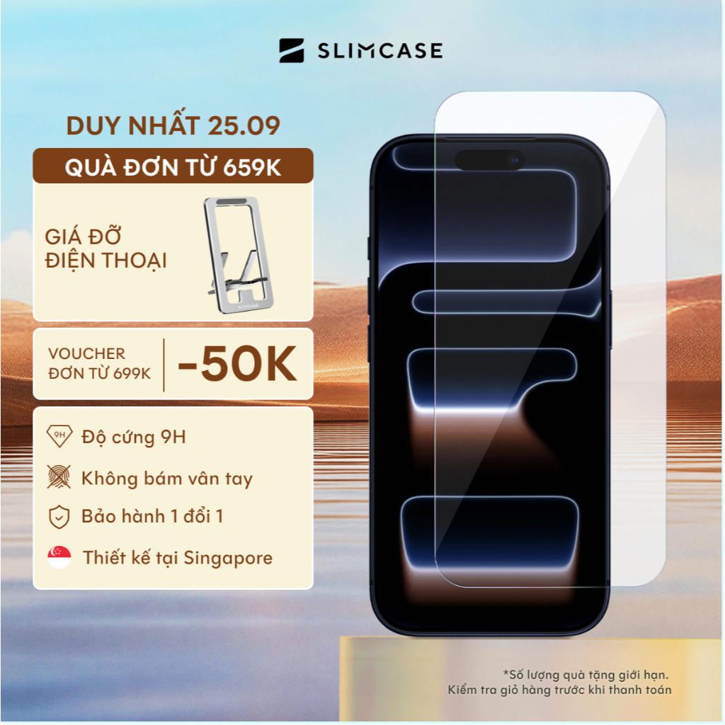 Kính cường lực iPhone 17 series & iPhone Air SLIMCASE - Kèm khung tự dán, Chống nhìn trộm, chống trầy xước, độ cứng 9H