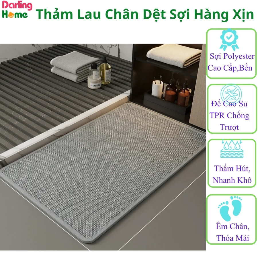 Thảm Lau Chùi Chân Dệt Sợi Polyester Cửa Ra Vào Nhà Tắm Mềm Mại Êm Chân Chống Trượt Cao Cấp Darlinghome