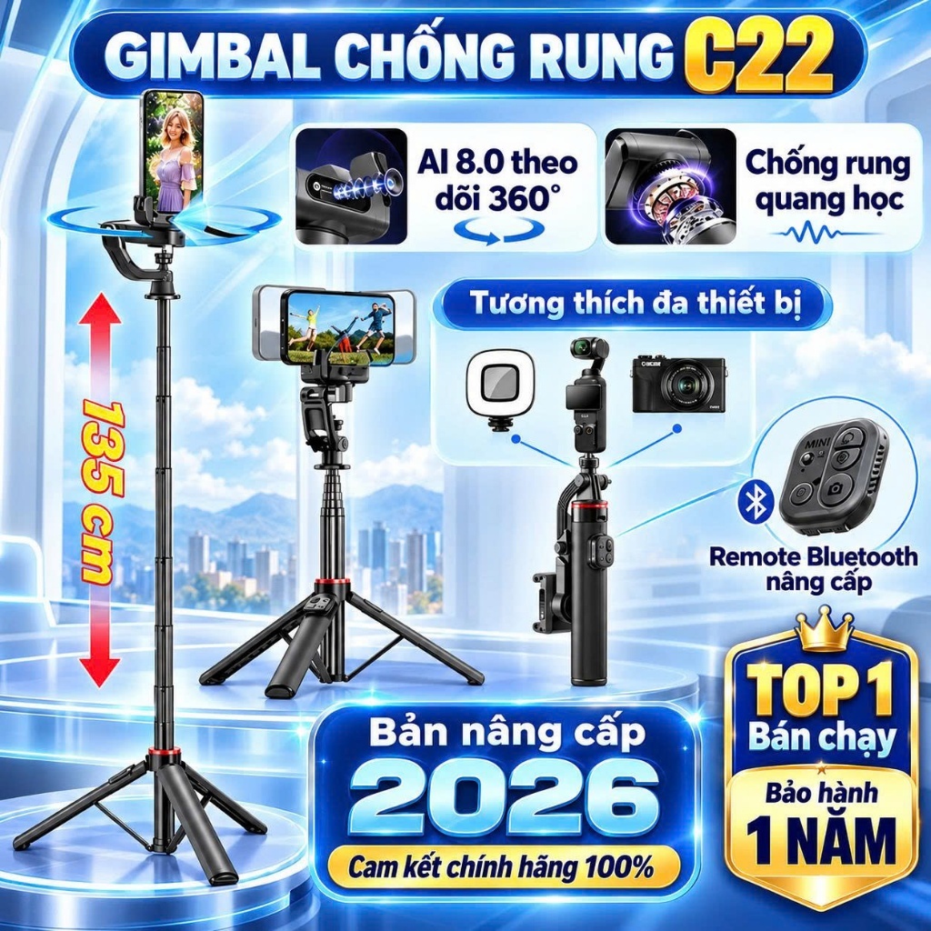Gimbal Xoay 360 Độ AI C22, Tripod Điện Thoại Livestream, Chụp ảnh chống rung xoay theo vật thể