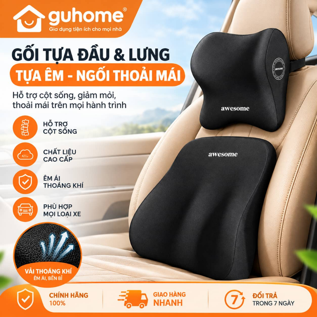 Gối Tựa Đầu Tựa Lưng Ô Tô AWESOME Bằng Cao Su Non Mềm Mại, Êm Ái Chống Đau Mỏi Khi Đi Xe Năm