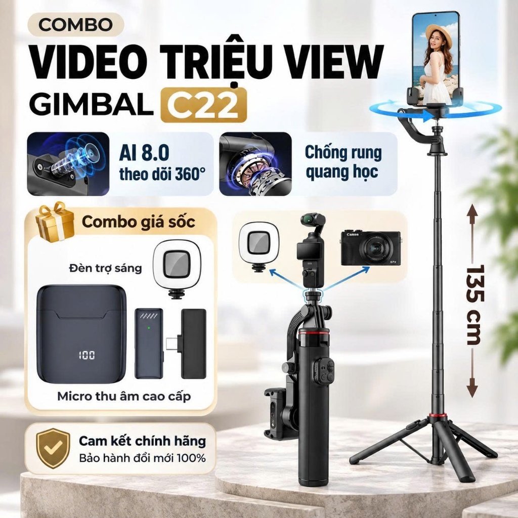 Gimbal chống rung điện thoại C22, Giá đỡ điện thoại 3 chân theo dõi chuyển động 360 độ kéo dài 135cm