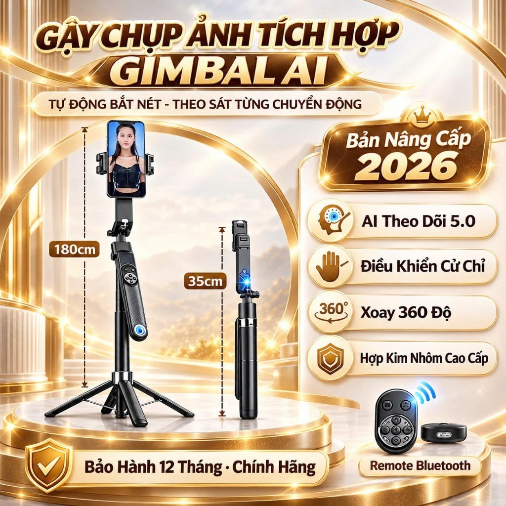 Gậy chụp ảnh 4 chân tích hợp gimbal AI thông mình, Tripod điện thoại xoay 360 độ kéo dài 1.8m