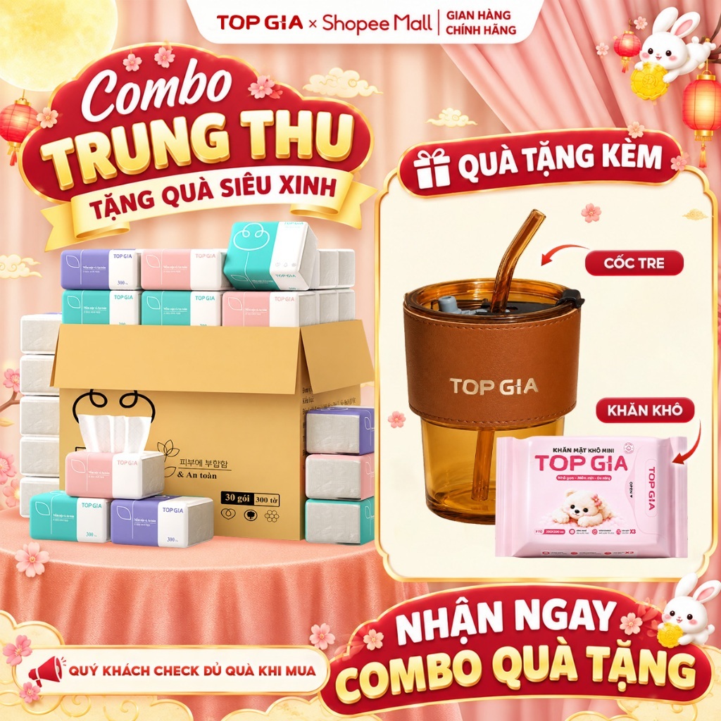 ( COMBO QUÀ) Thùng 20 gói giấy ăn rút Topgia 3 màu cao cấp 4 lớp, mềm mịn