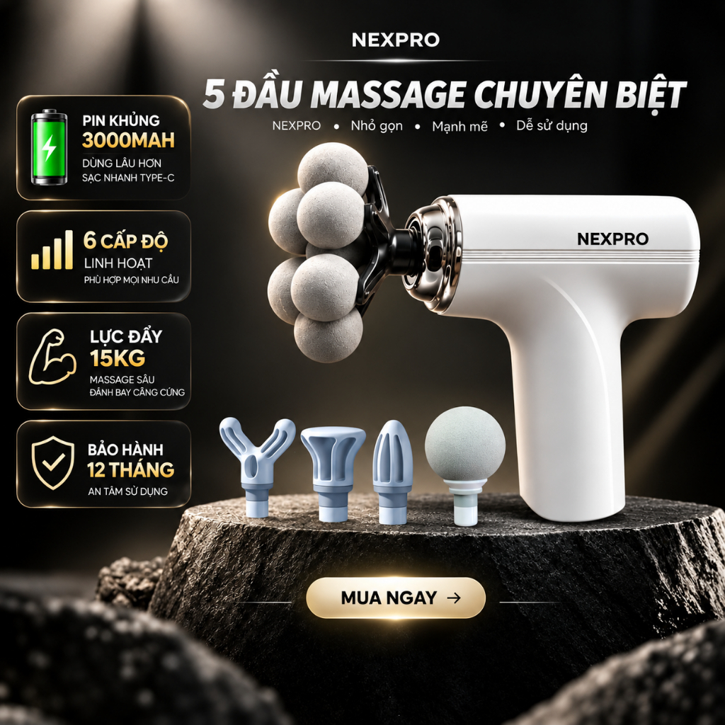 ( 5 ĐẦU) Máy Massage NEXPRO Cầm Tay Cải Tiến, Tăng Diện Tích Tiếp Xúc Vùng Nhức Mỏi, Massage Toàn Thân, BH 12Tháng