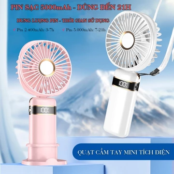Quạt Sạc Tích Điện Mini Cầm Tay Sạc Điện 5000mAh Dùng Đến 21H Có Dây Đeo Cổ S21