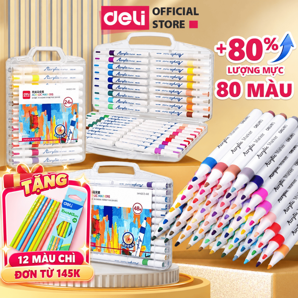 [🔥TRỢ GIÁ-TẶNG 12 BÚT CHÌ] Bút Sơn Màu Acrylic Markers Deli Hộp 12/24/36/64 Box Màu Acrylic Marker An Toàn Vẽ Trên