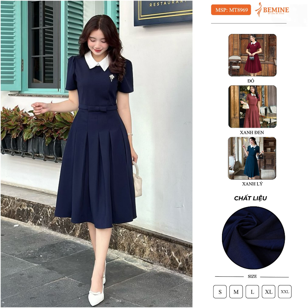 Đầm thiết kế cổ sen eo đính nơ tùng xếp ly BEMINE MT8969
