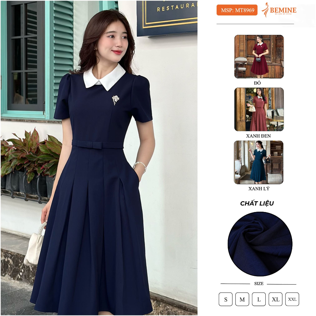 Đầm thiết kế cổ sen eo đính nơ tùng xếp ly  BEMINE MT8969